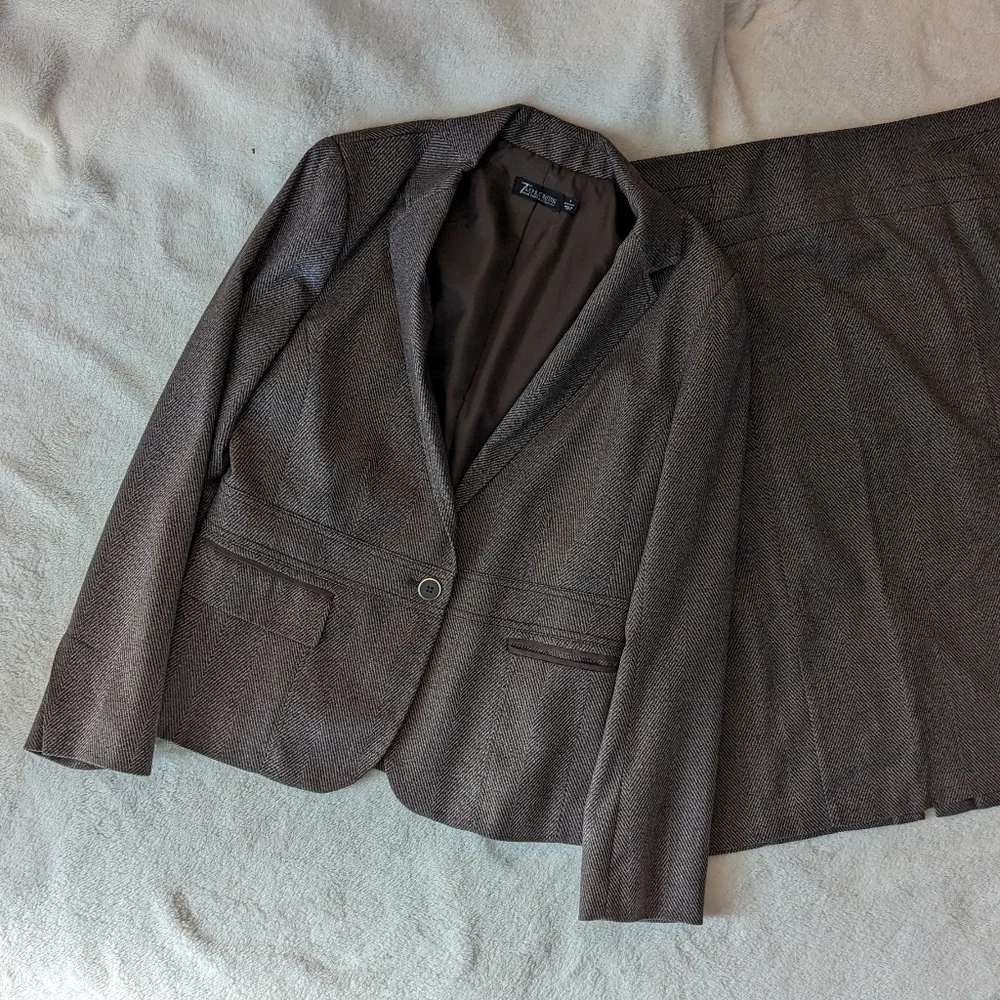 Chocolate brown tweed skirt suit jacket sz 8 skirt sz 12 - Picture 13 of 16